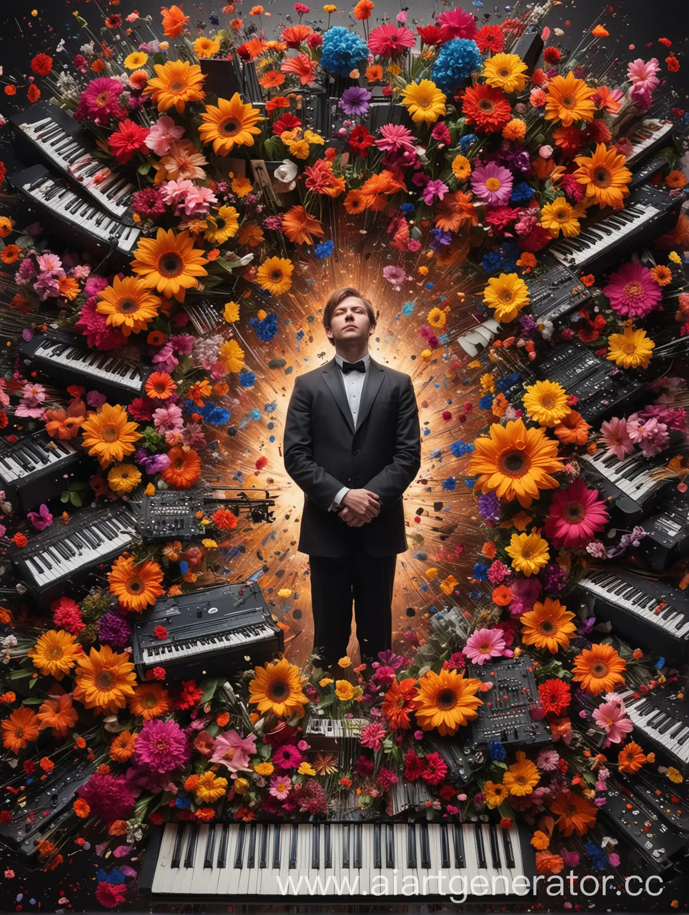 Pianist-Surrounded-by-Synthesizers-Violins-and-Colorful-Flowers