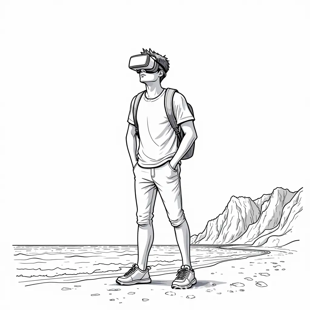 Male-Student-in-Black-and-White-VR-Beach-Scene-Illustration