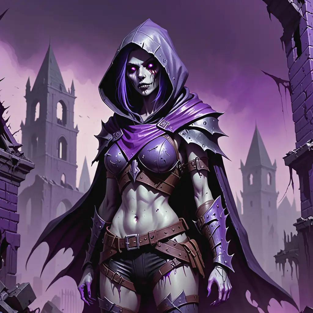 Undead Warrior in Ruined City Amidst Purple Haze