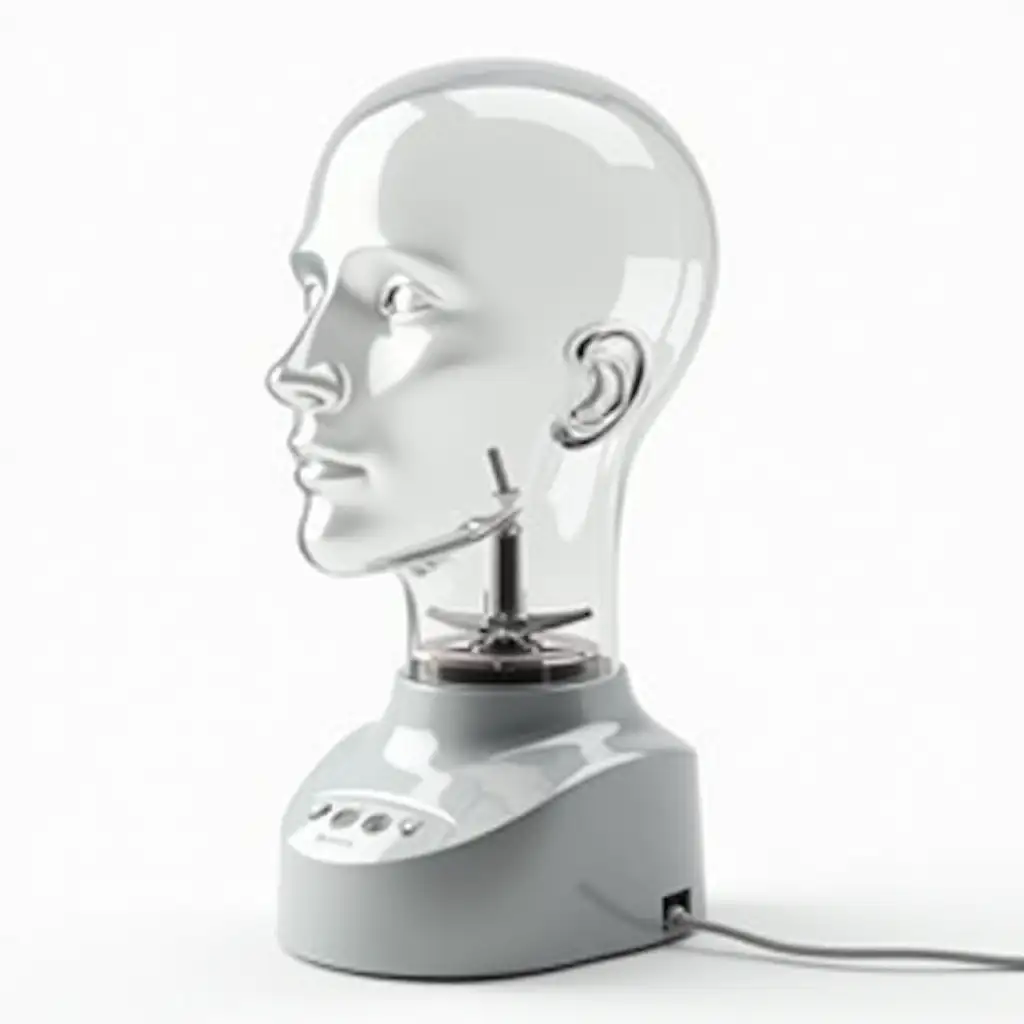 A hyper-realistic image of a mannequin human head that has been transformed into a juicer blender grinder. The entire head is made of transparent glass or plastic, allowing visibility of the blending mechanism inside. The top of the head is open like a blender jar, with sharp stainless steel blades at the base. A secure transparent lid covers the opening, and a pouring spout is seamlessly integrated into the side of the head. The neck of the mannequin is smoothly connected to a blender motor base with functional buttons and a power cord extending from it. The entire design looks like a surreal yet realistic appliance. The background is plain white, ensuring full focus on the transparent mannequin head blender.