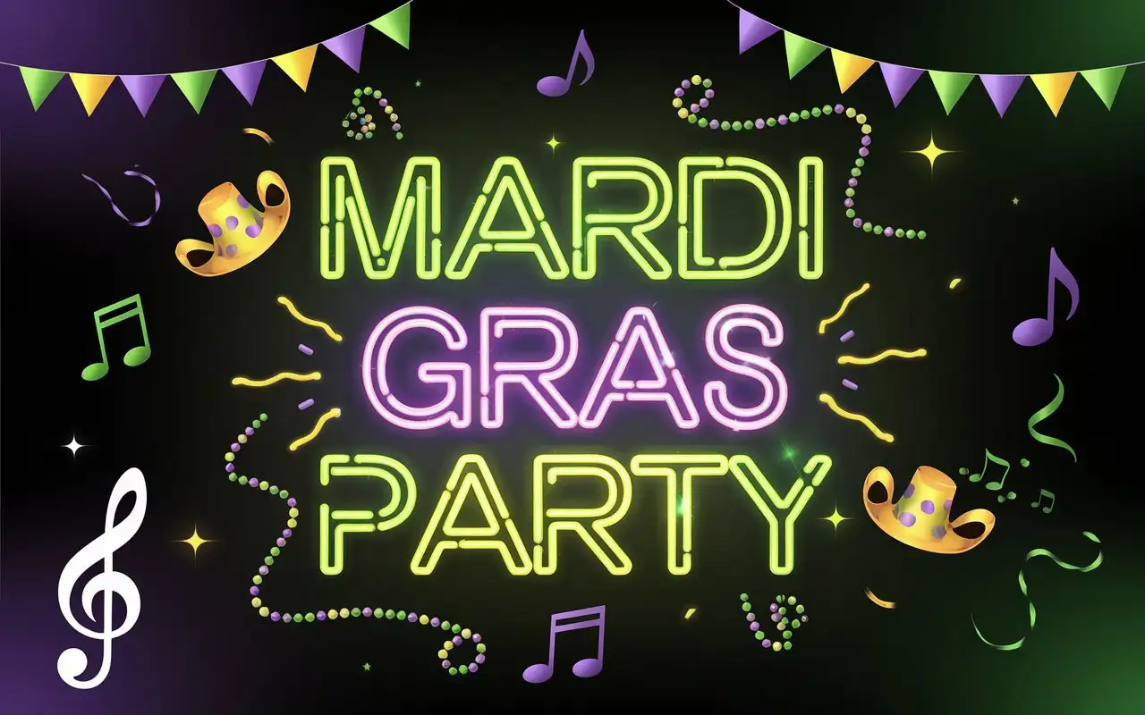 Mardi Gras Party text in glowing neon font, centered on a dark black background with vibrant purple and green lighting, surrounded by musical notes, party hats, and strings of beads, dynamic and lively.