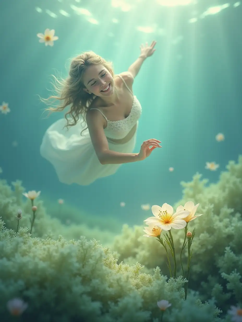 A dreamlike, pastel-colored underwater photoshoot illustration of beautiful woman swimming a tender dew drop laden flower gently unfurling from a cushioned bed of luminous moss. The flower and moss are bathed in a soft, ethereal light that emanates a sense of hope and rejuvenation. The background is a harmonious blend of muted, pastel hues and delicate, dreamy patterns. The overall atmosphere of the image evokes a sense of tranquility and renewal.