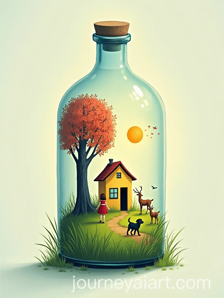 A-Magical-World-Inside-a-Glass-Bottle-with-Deer-Sunset-and-a-Girl-in-a-Red-Dress