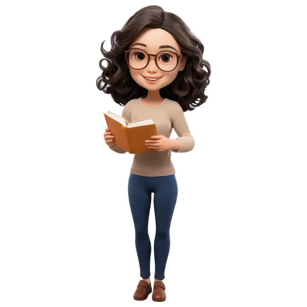 text on top, with the writing '3rd Trimester', a 3d doll with slightly wavy hair, happy, a teacher, wearing ochre colored glasses, big and brown eyes, dark brown hair, holding a science book, with a microscope by her side