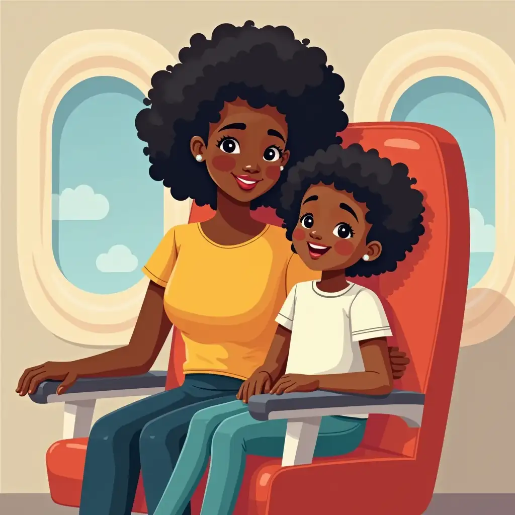 Family Travel African American Mother with Son and Daughter Sitting in an Airplane