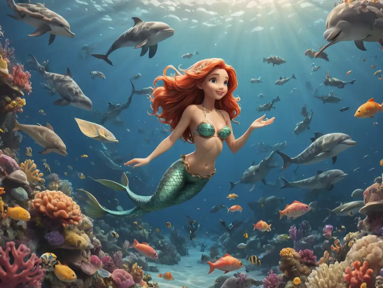 Wide-angle shot of a mermaid swimming with dolphins and seahorses in a beautiful ocean filled with fish and colorful coral, 3d disney inspire