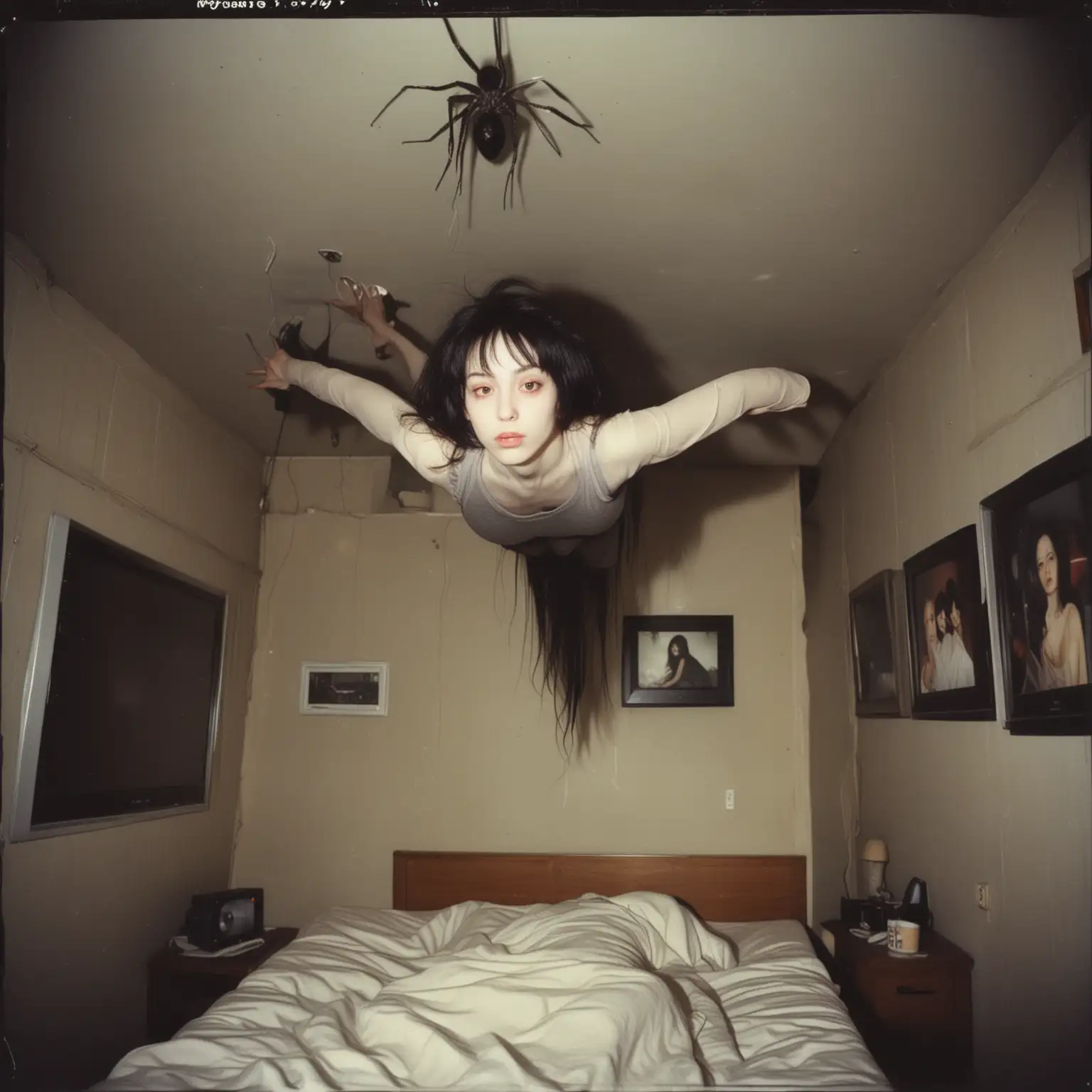 very pale, long humanoid with a spiderlike body, face of a witch,black hair, hanging upside down on all fourlegs on the ceiling of a sleeping room, tv set displaying noise. In the bed there is a man in T-Shirt sleeping.This photo was taken in the style of Polaroid, by Junji Ito 