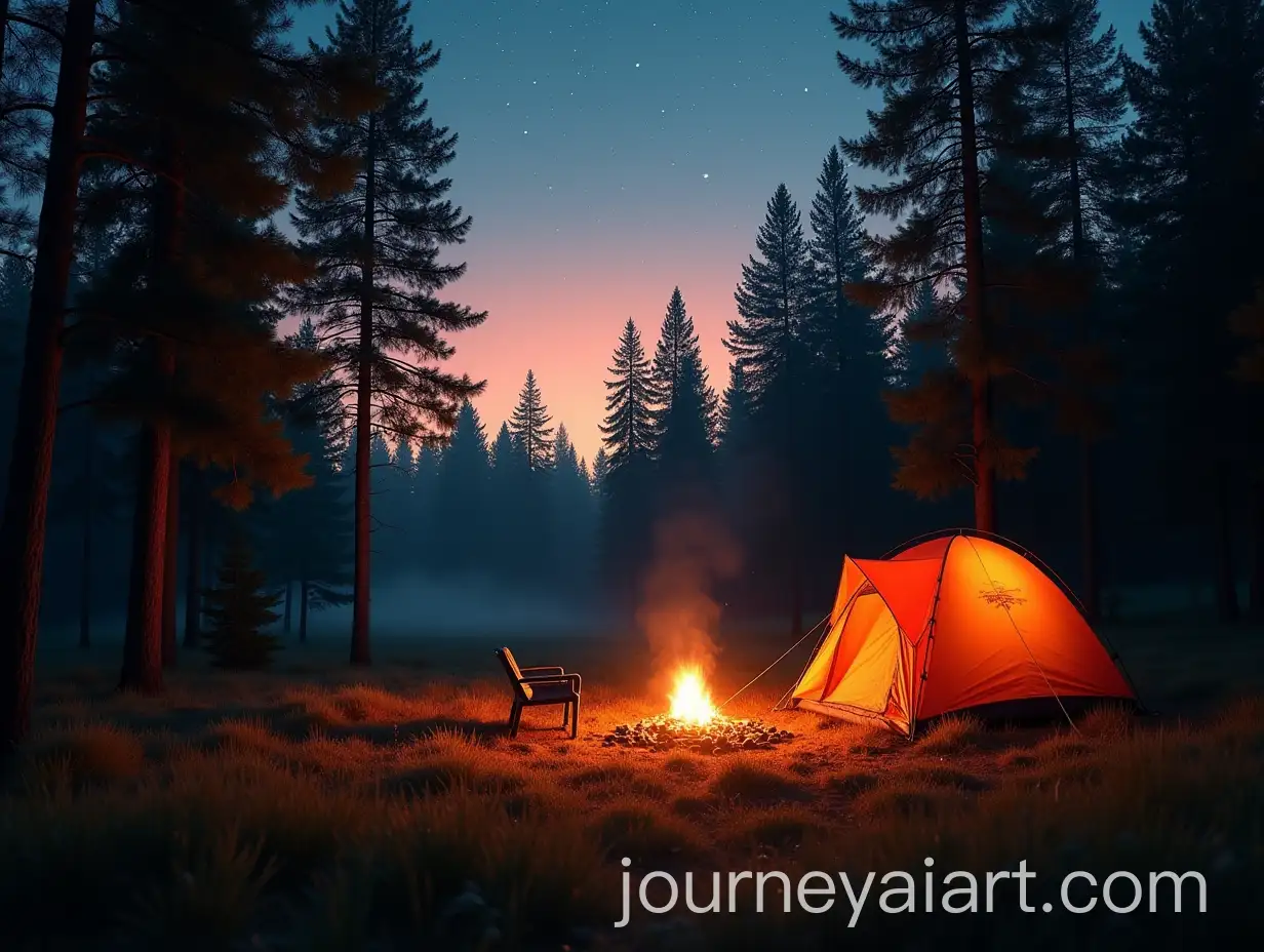 Tranquil-Campsite-in-a-Pine-Forest-with-Glowing-Tent-and-Campfire-Under-Starry-Sky