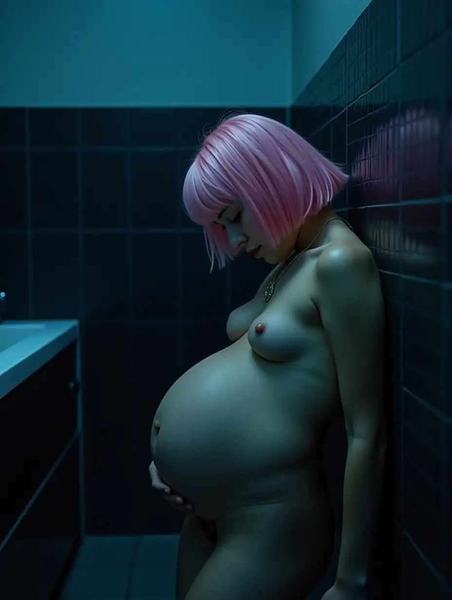 Girl-Resting-Head-on-Wet-School-Bath-Wall-with-Pink-Wig-and-Pregnant-Belly