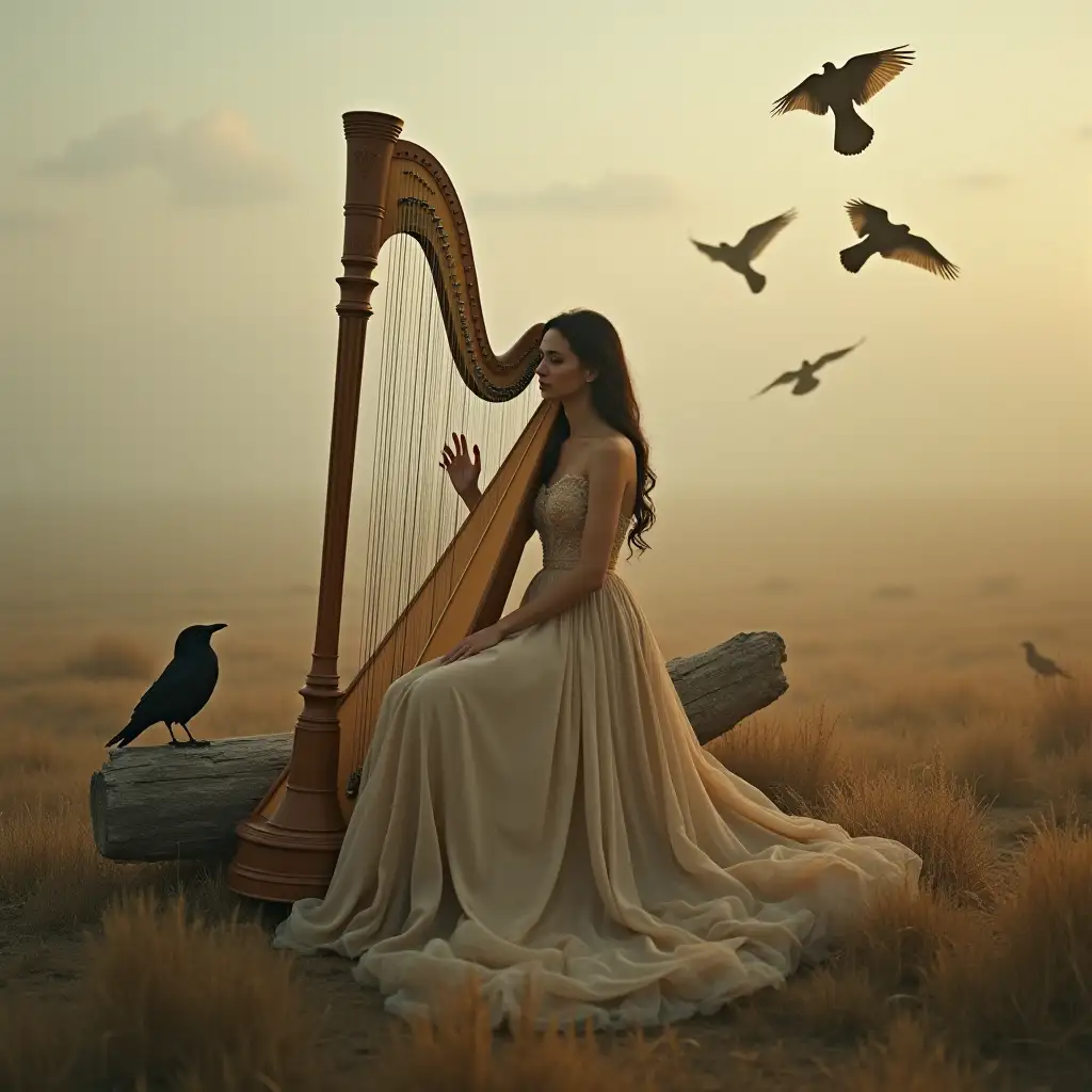 Woman-in-Romantic-Sand-Color-Dress-Playing-Harp-in-Misty-Landscape-with-Crows