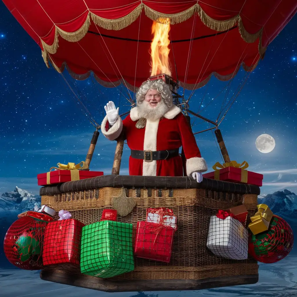 Santa-Claus-in-Hot-Air-Balloon-with-Christmas-Presents-Against-Starry-Night