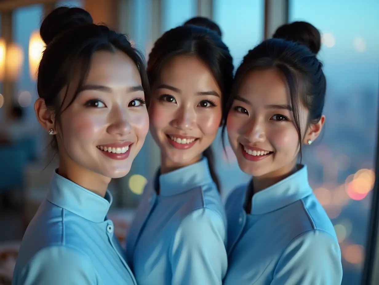 Three-Korean-Airlines-Flight-Attendants-in-Sky-Blue-Uniforms-at-a-Shanghai-Penthouse-Party-at-Dusk