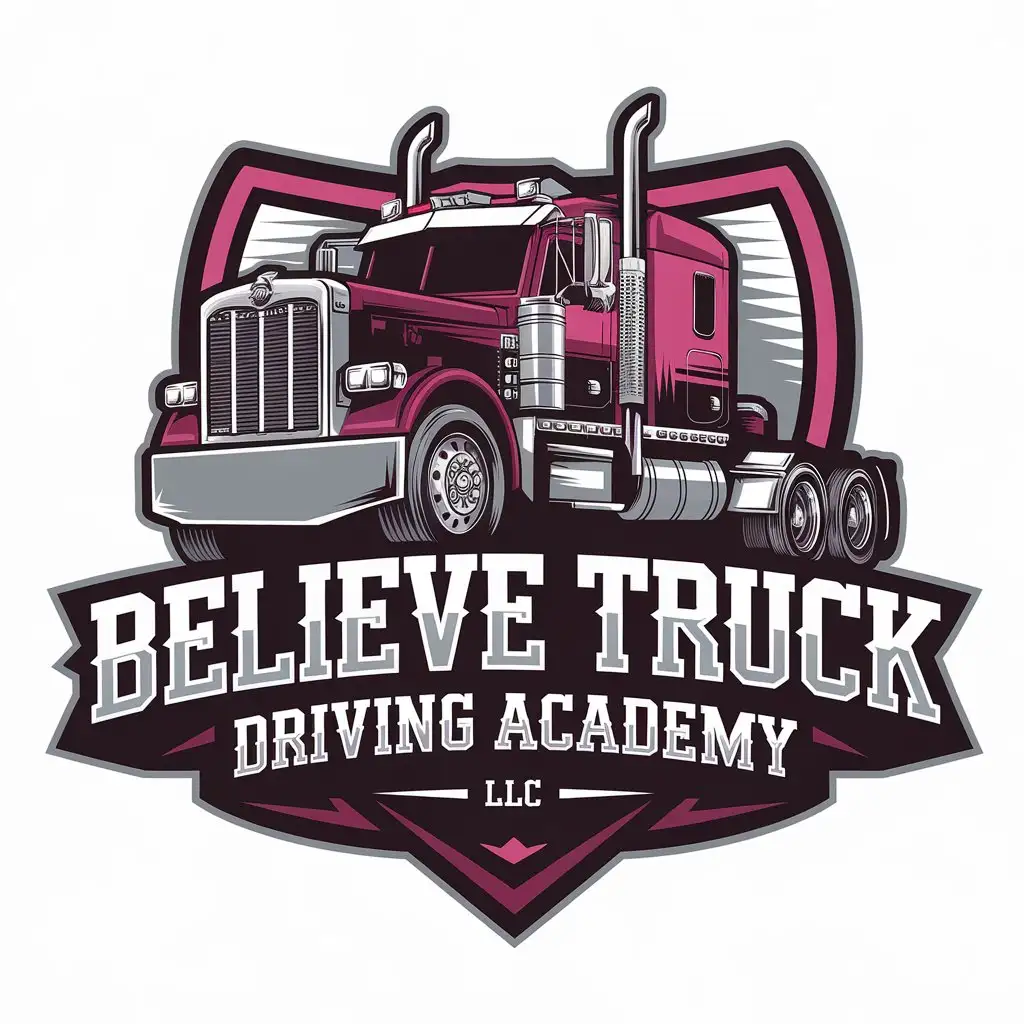 LOGO Design for Believe Truck Driving Academy Burgundy Gray and Pink SemiTruck with Flatbed