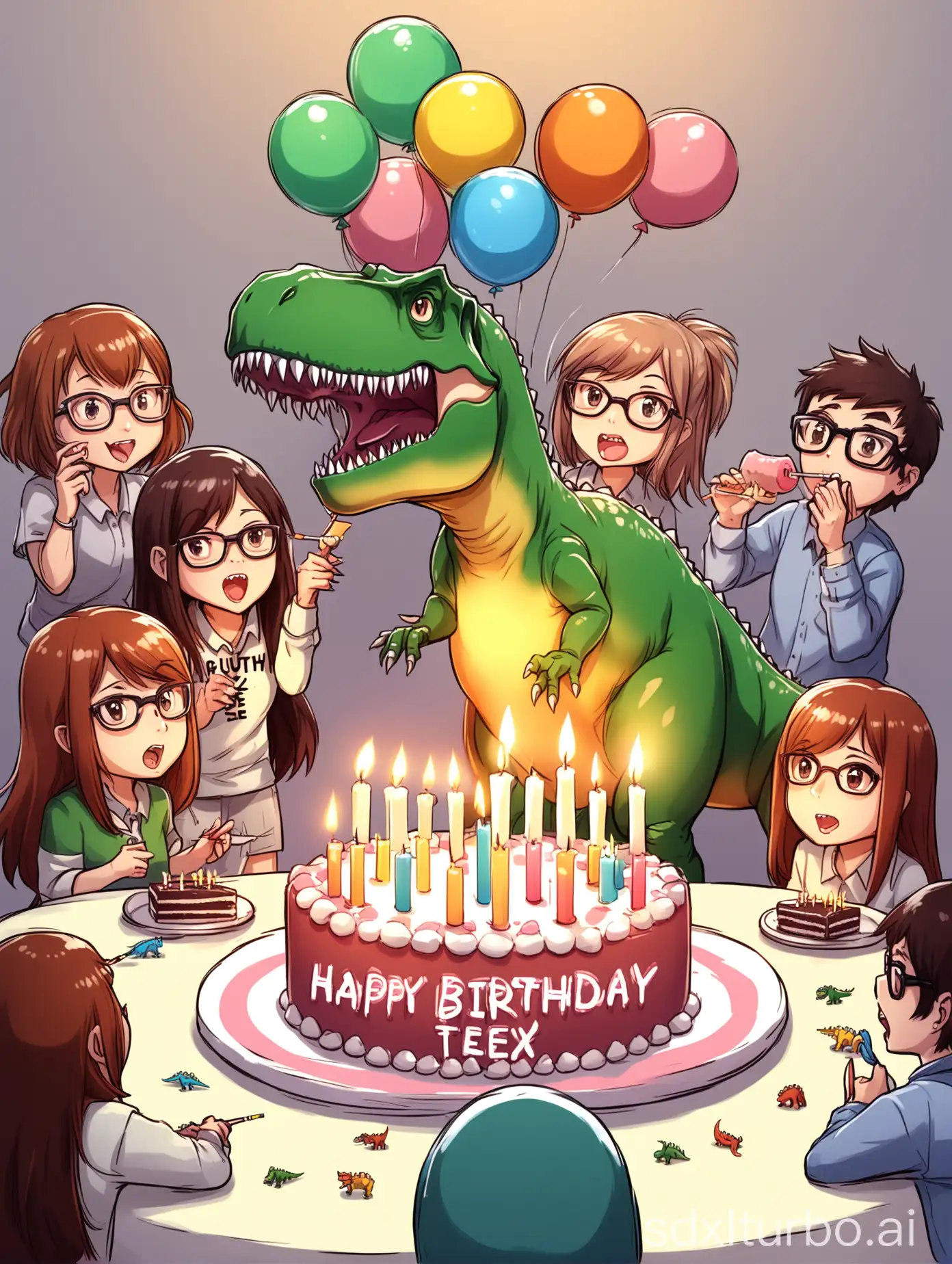 Kawaii-TRex-Female-Blowing-Out-Birthday-Cake-Candle-with-Geek-Friends