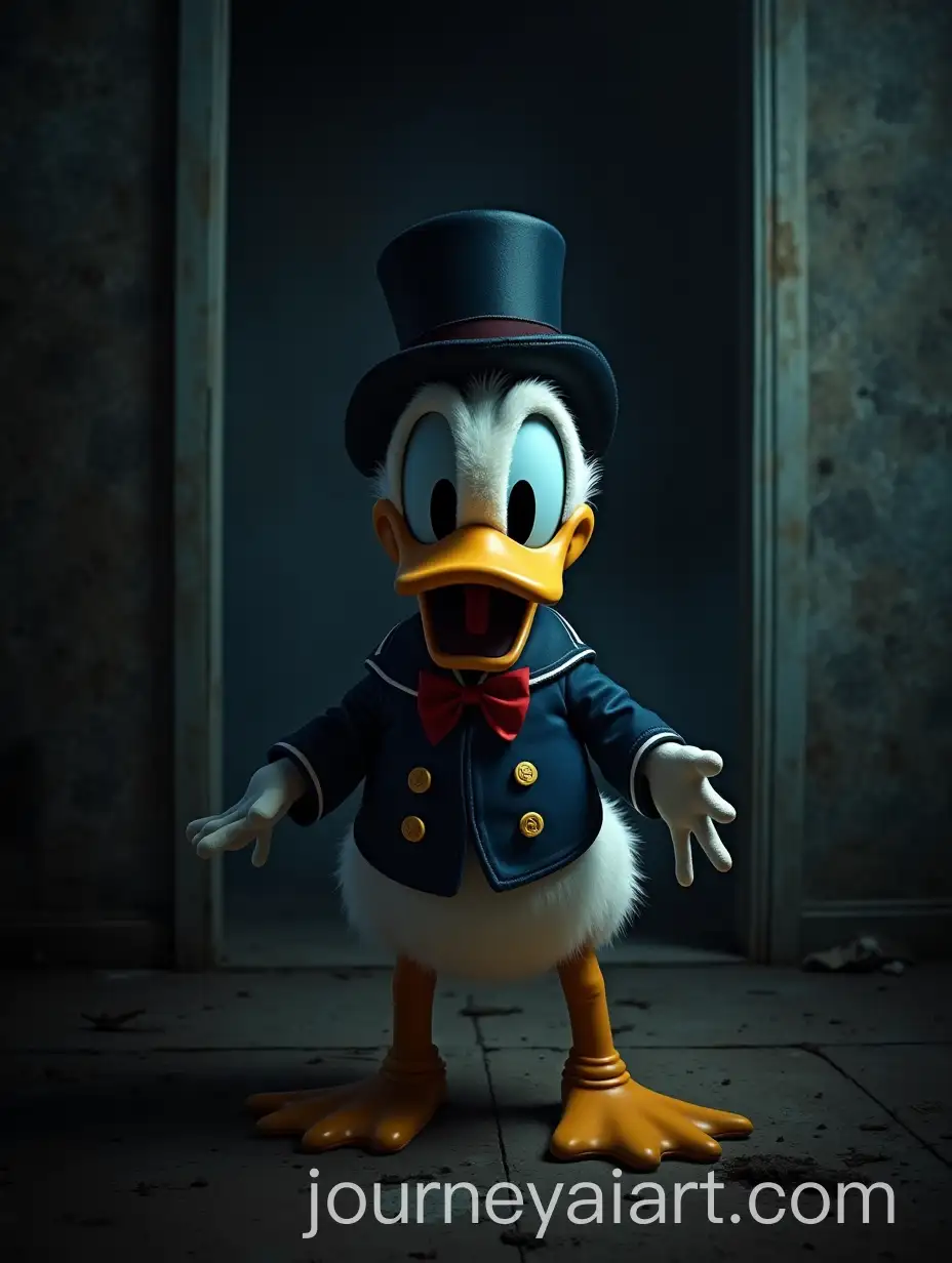 Monstrous-Fusion-of-Donald-Duck-and-Ghostface-in-Abandoned-Mansion