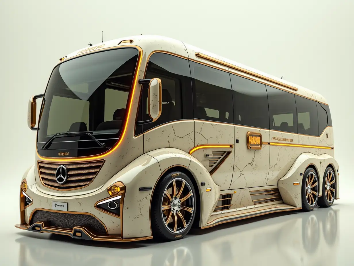 A super modern utopian sport bus with gears, lowered body, 18-inch rims, aluminum wheels, creamy white gold, Cyberpunk.