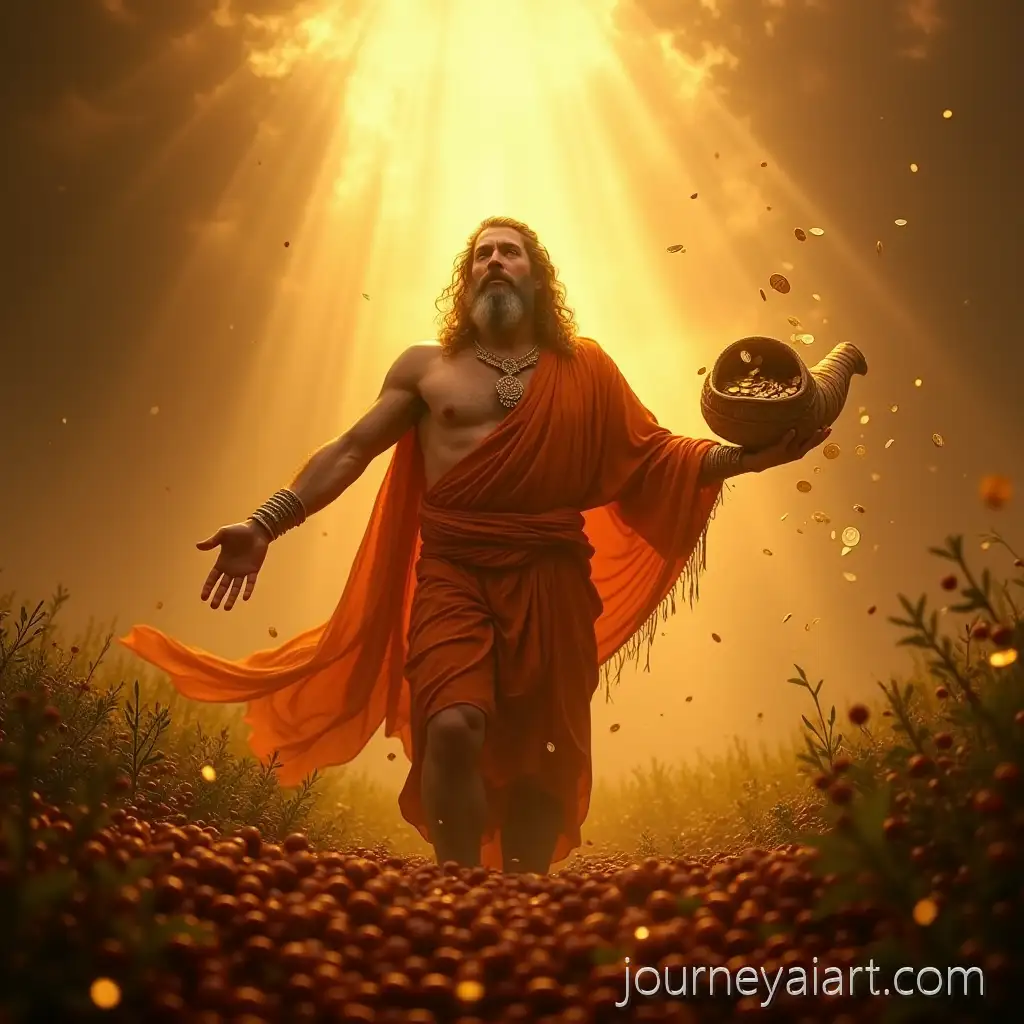 Plutus-Greek-God-Emerging-from-Golden-Light-with-Cornucopia-of-Gold-and-Coffee-Cherries-over-Fertile-Fields
