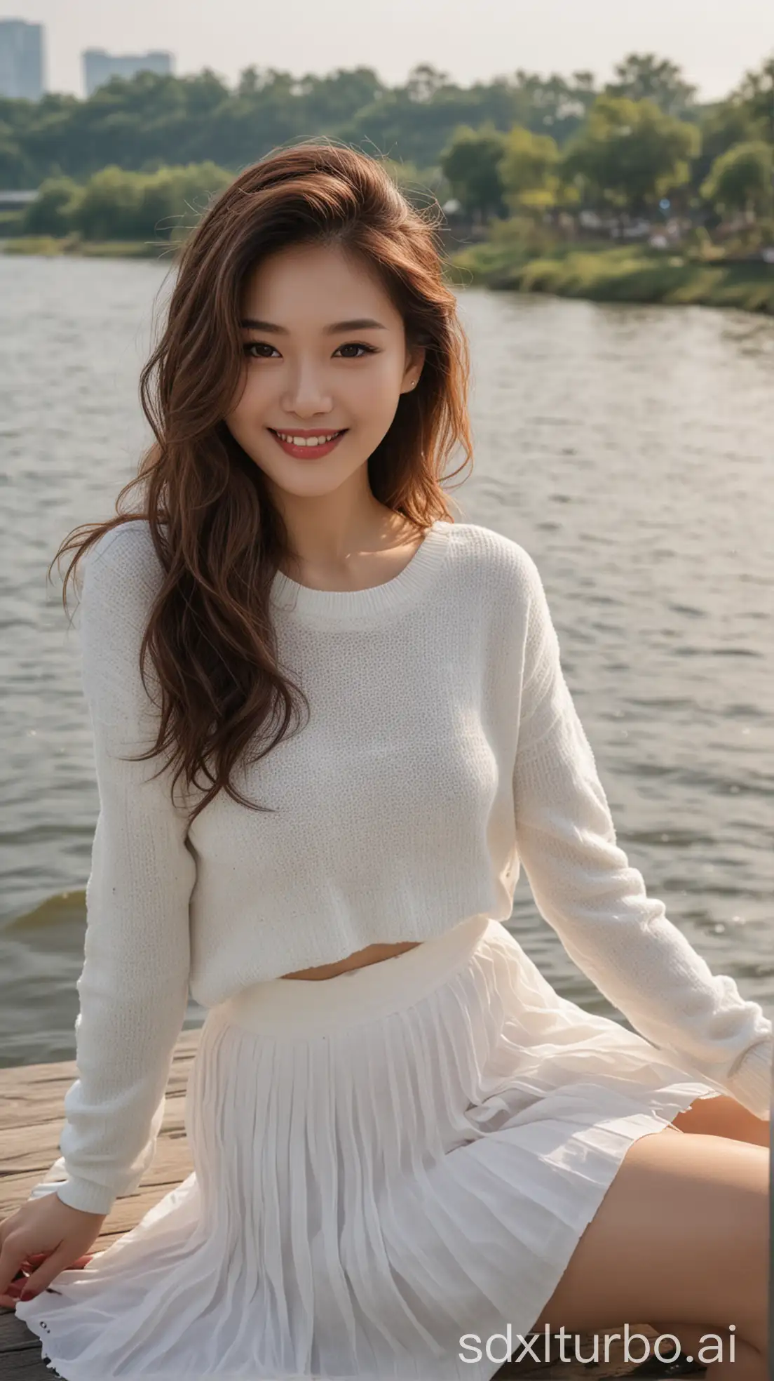 Chinese-Beauty-with-Sweet-Smile-in-Sweater-and-Skirt-by-the-River