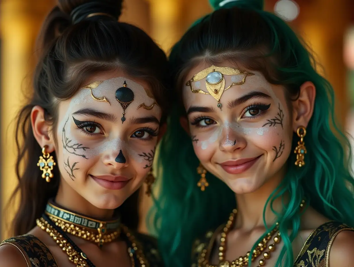 Two young girls with black and white pattern, alien face, with green hair, with a slight smile on their faces, accentuating their smiles, modern retro jewelry, in a temple with much gold in various shades 4k