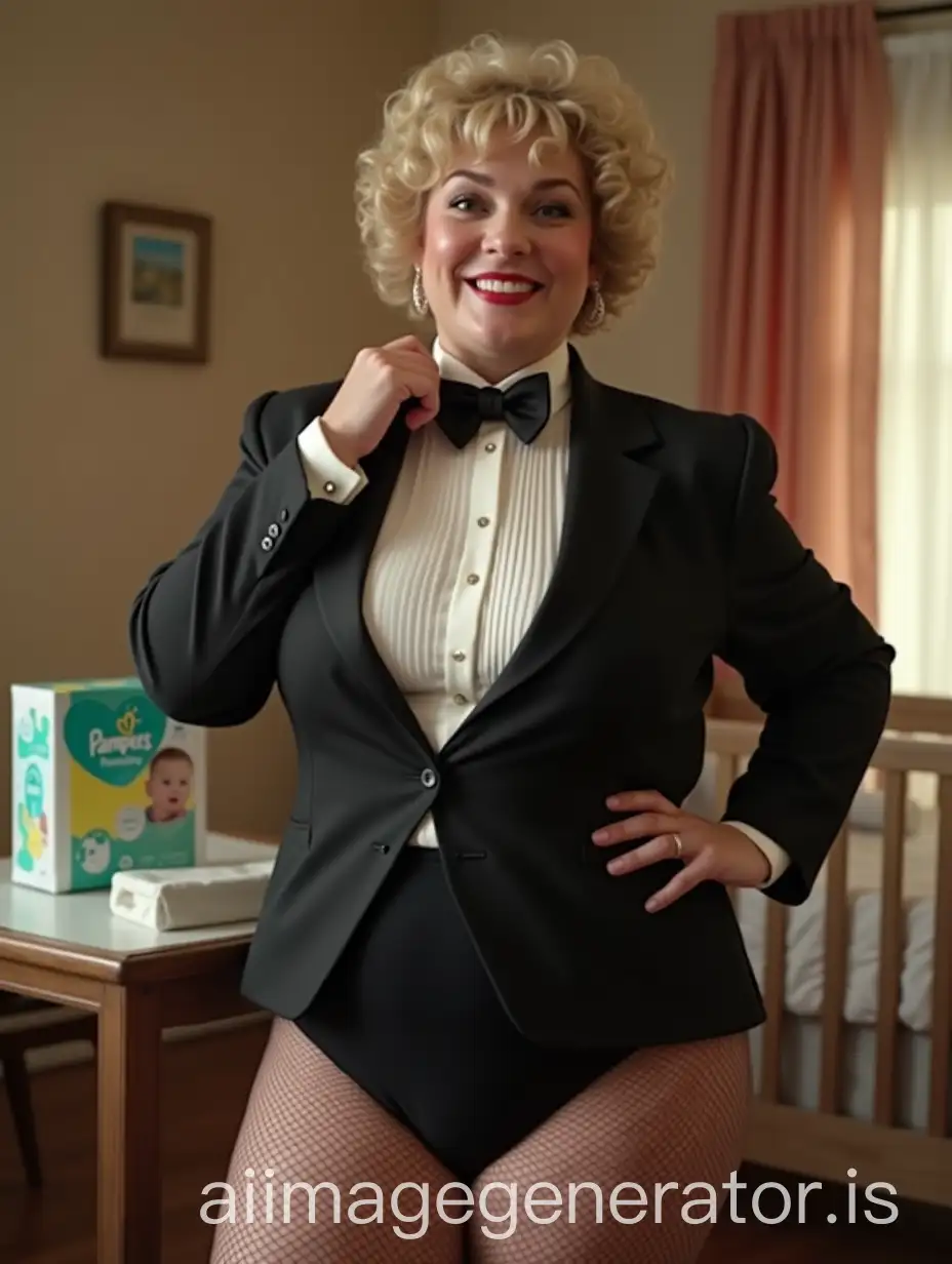 Fullfigured-Woman-in-Formal-Orchestra-Tuxedo-at-Nursery-with-Pampers-Diapers