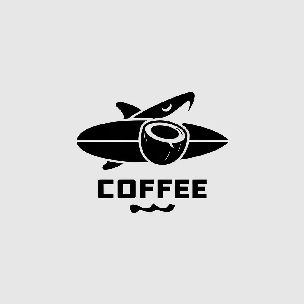 a vector logo design,with the text "coffee", main symbol:shark surfboard coconut,Minimalistic,clear background