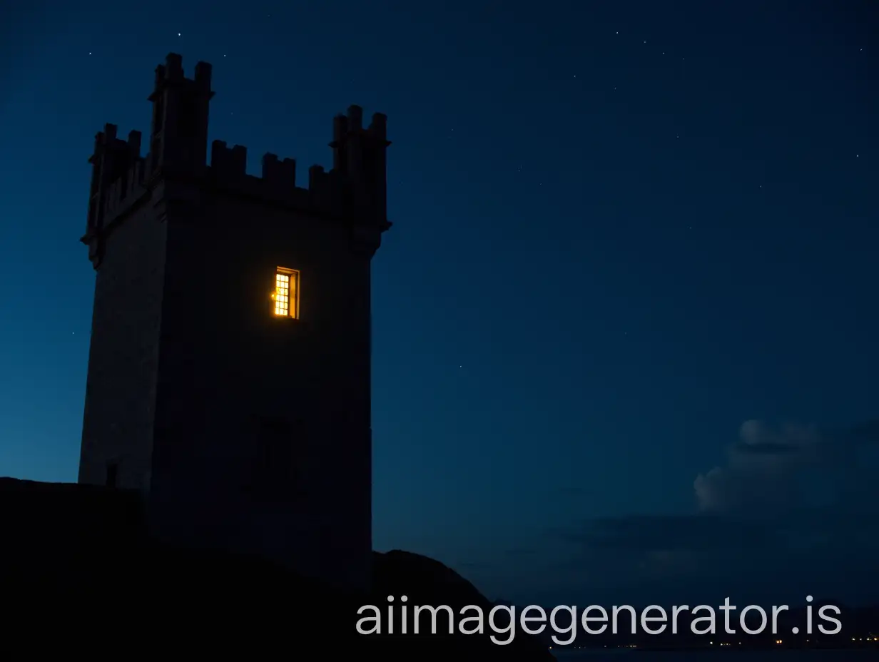 Scottish-Castle-Tower-at-Night-with-Glowing-Window-and-Starry-Sky