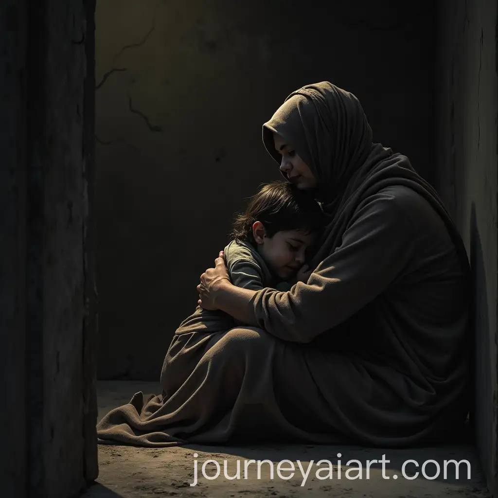 Mother-and-Child-in-Shelter-Amidst-War-Seeking-Comfort-in-Darkness