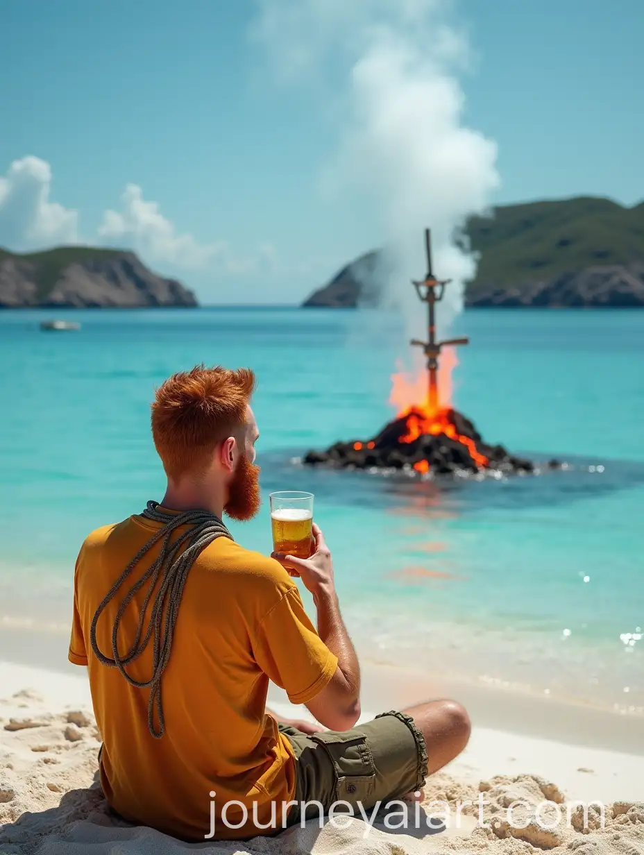Young-Man-in-Reggae-Clothes-Sipping-Beer-and-Smoking-Hookah-on-a-Beach-with-Volcano-Eruption