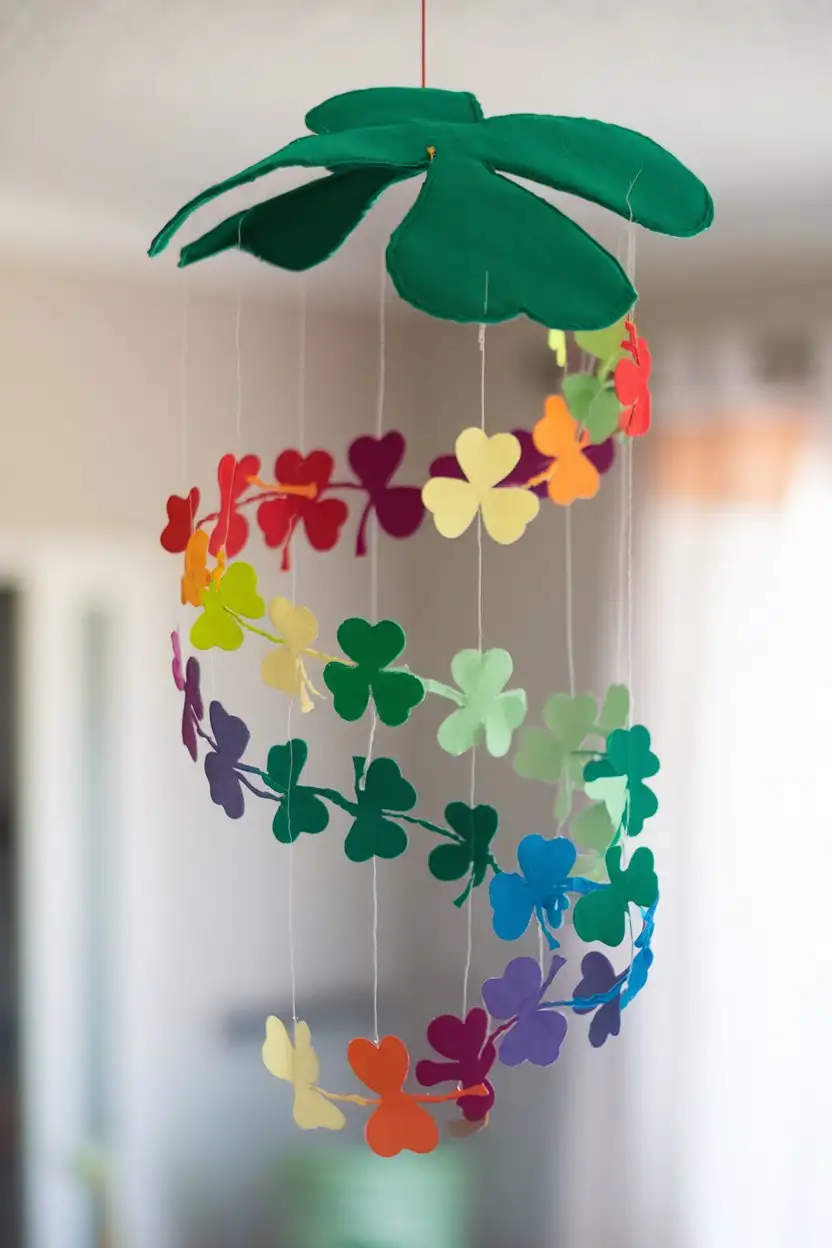 Image of a colorful shamrock rainbow mobile hanging from a ceiling.  The mobile is made of shamrocks in rainbow colors, cascading down in a spiral.  The background is a softly blurred room interior.  Whimsical, colorful, mobile craft, natural lighting, slightly dreamy, realistic.