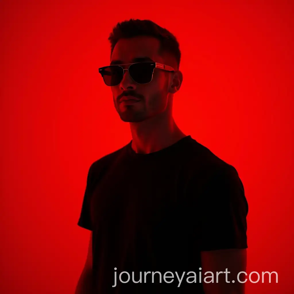 Stylized-Portrait-of-Confident-Individual-in-Black-TShirt-and-Sunglasses-with-Bold-Red-Background