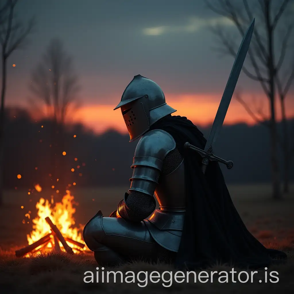 A photorealistic image of a knight in armor resting alone against his sword at dusk in front of a warm campfire