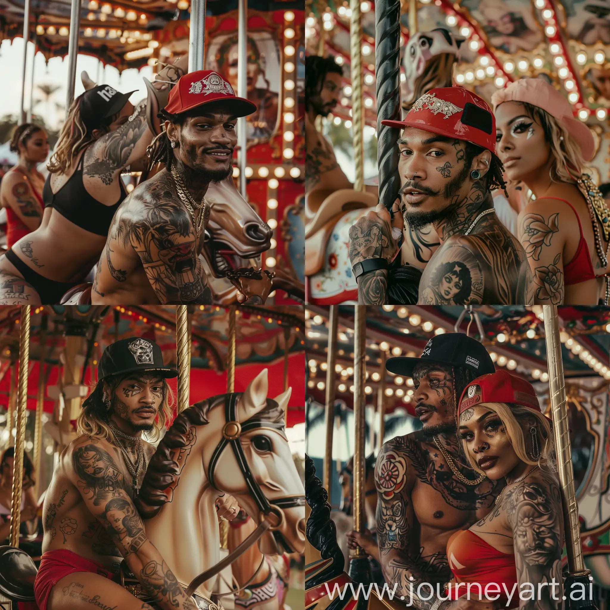 Girls-with-Tattoos-Riding-Carousel-Horse-at-Carnival