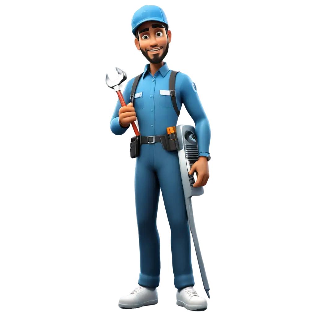 Create an avatar of a professional in the refrigeration and air conditioning industry. The character should be wearing a uniform with a tool belt, holding tools like a wrench or a thermometer. The avatar should have a background that hints at refrigeration units or air conditioning systems, and the character should have a confident and approachable expression. Use a realistic, slightly cartoonish style.