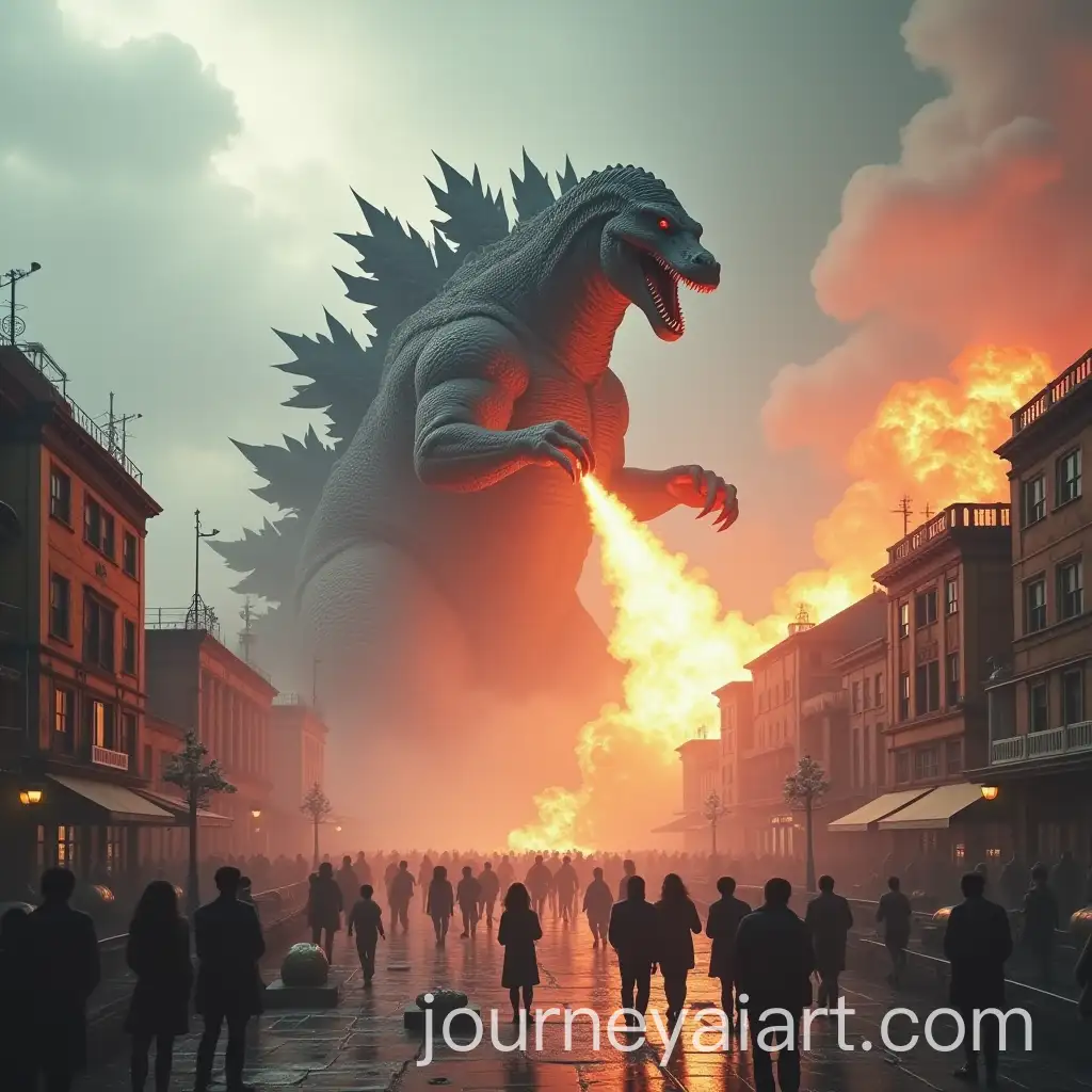 Realistic-Godzilla-Destroying-Fantasy-City-with-Atomic-Breath-and-Human-Resistance