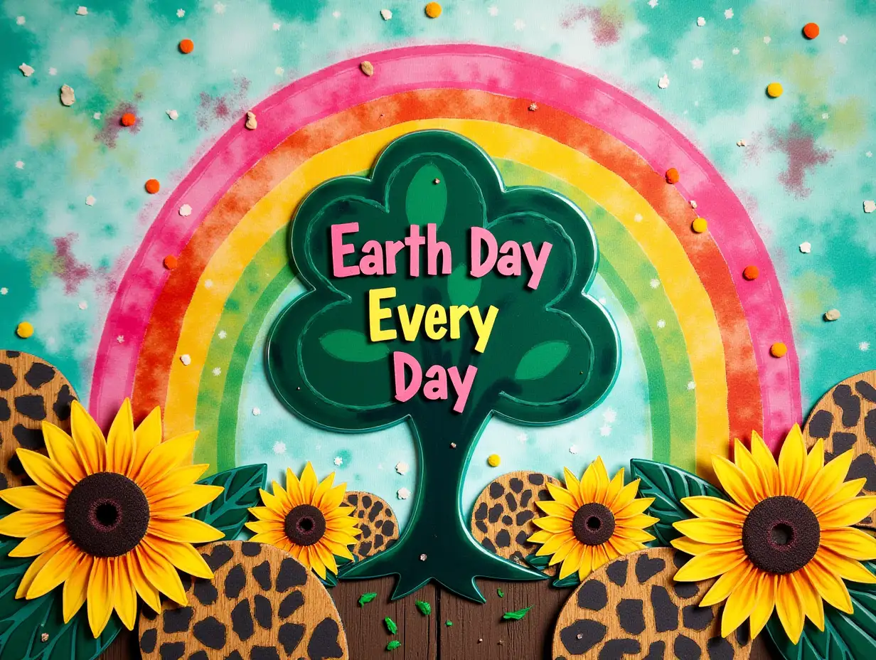 Create a vibrant and eclectic image to celebrate Earth Day. The central element should be a green tree silhouette with the text 'Earth Day Every Day' surrounding it. 'Earth Day' should be in bold, pink letters on the left side of the tree, and 'Every Day' in bold, black letters on the right side. Behind the tree, there should be a colorful rainbow with shades of pink, yellow, green, and brown. The background should feature a mix of turquoise splashes, leopard print patterns, and wooden textures. Scatter large, bright sunflowers throughout the image to add a cheerful and natural element. Alcohol Ink painting