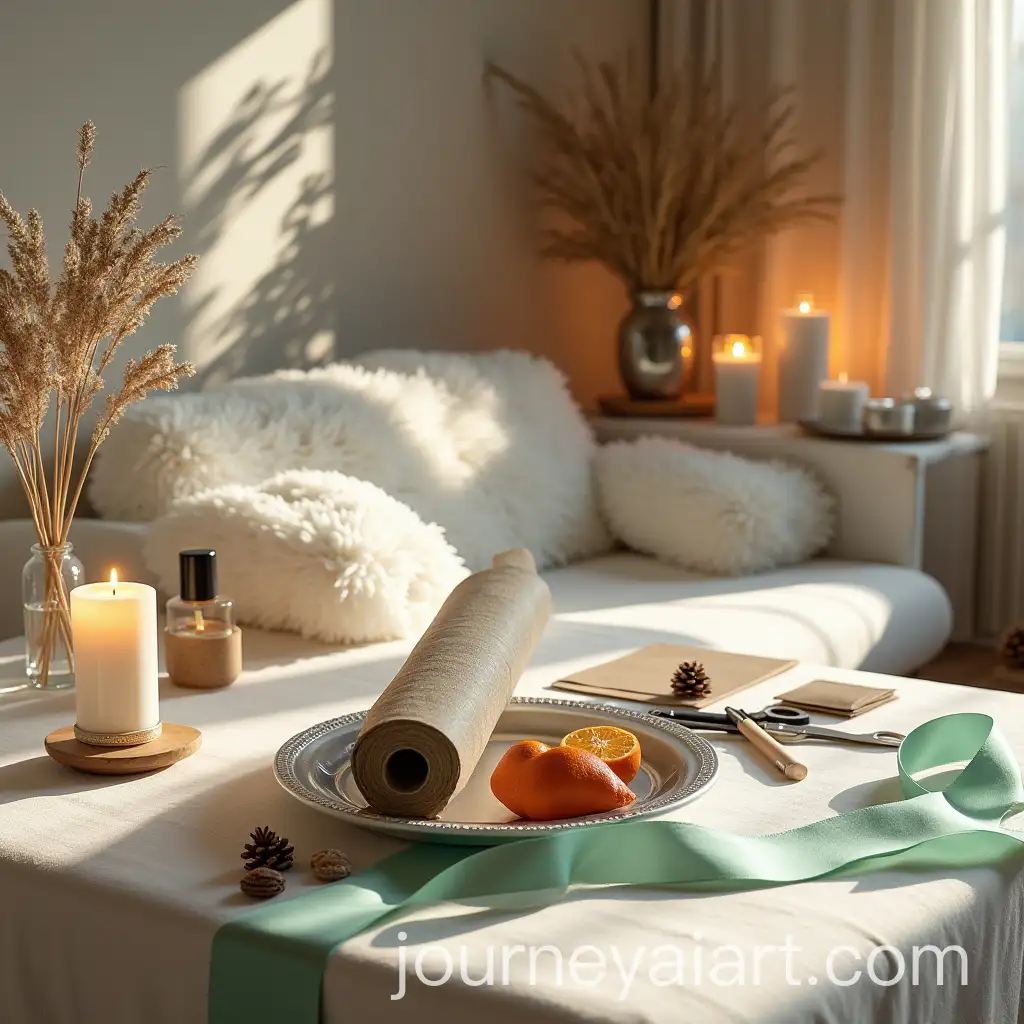 Luxurious-Spa-Relaxation-Room-with-Christmas-Decorations-and-Festive-Gift-Wrapping-Setup
