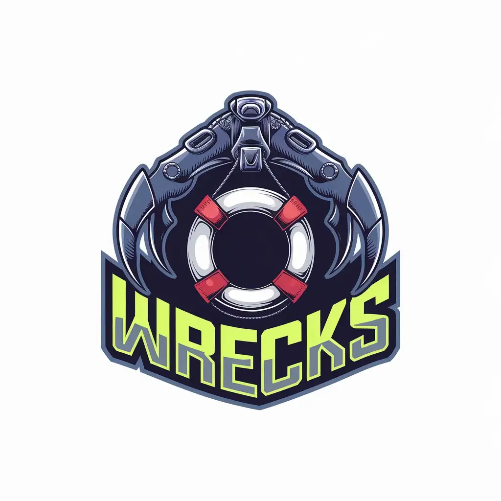 LOGO Design for WRECKS Futuristic Salvage Claw with White and Red Life Ring Theme