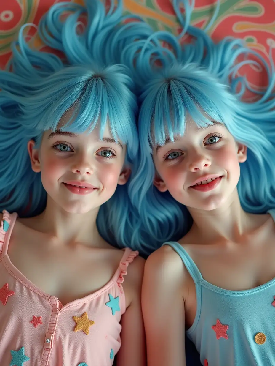 Two-Preteen-Girls-with-Long-Light-Blue-Hair-Lying-Down-on-Psychedelic-Background