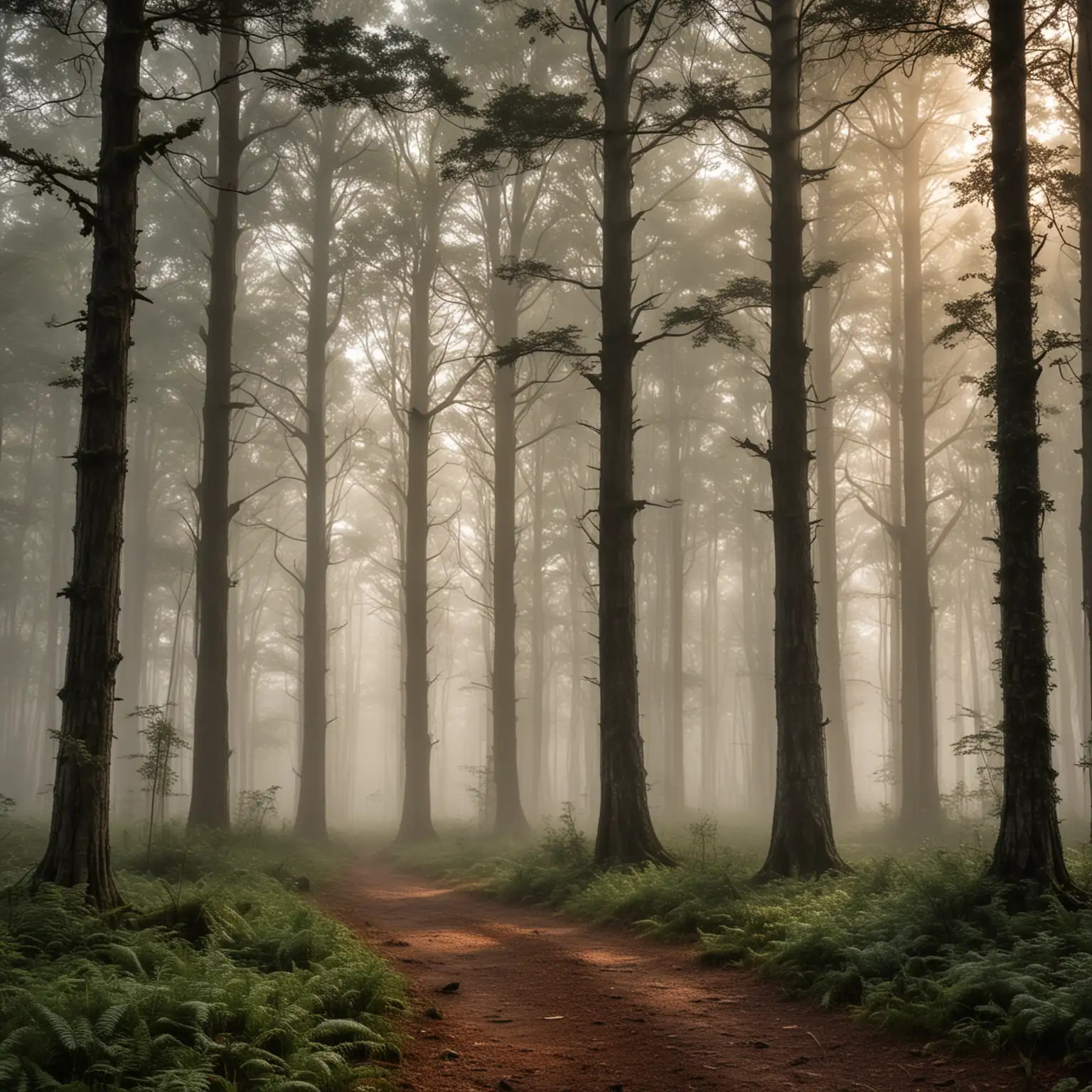 Early morning photography in forest with large trees with mist around it