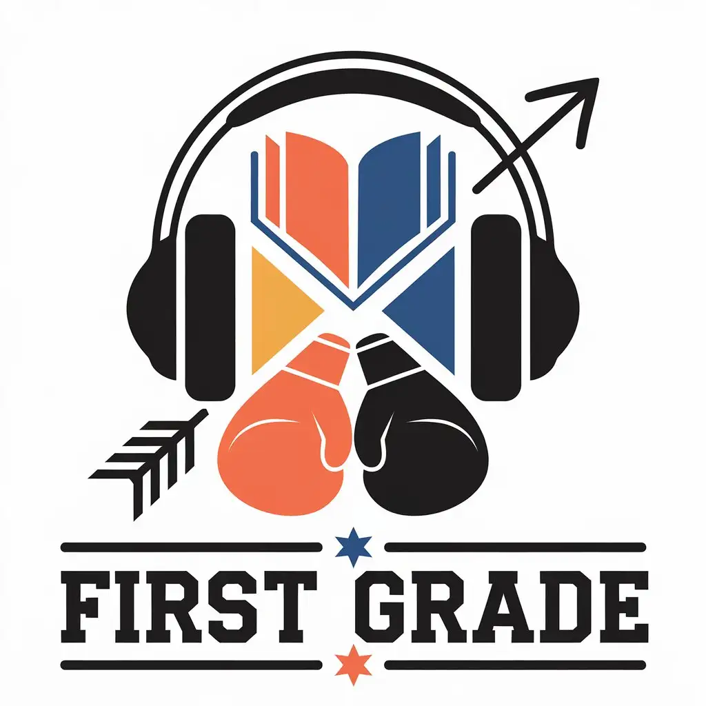 a vector logo design,with the text "first grade", main symbol:Headphones, boxing gloves, book, arrow,Moderate,be used in Nonprofit industry,clear background