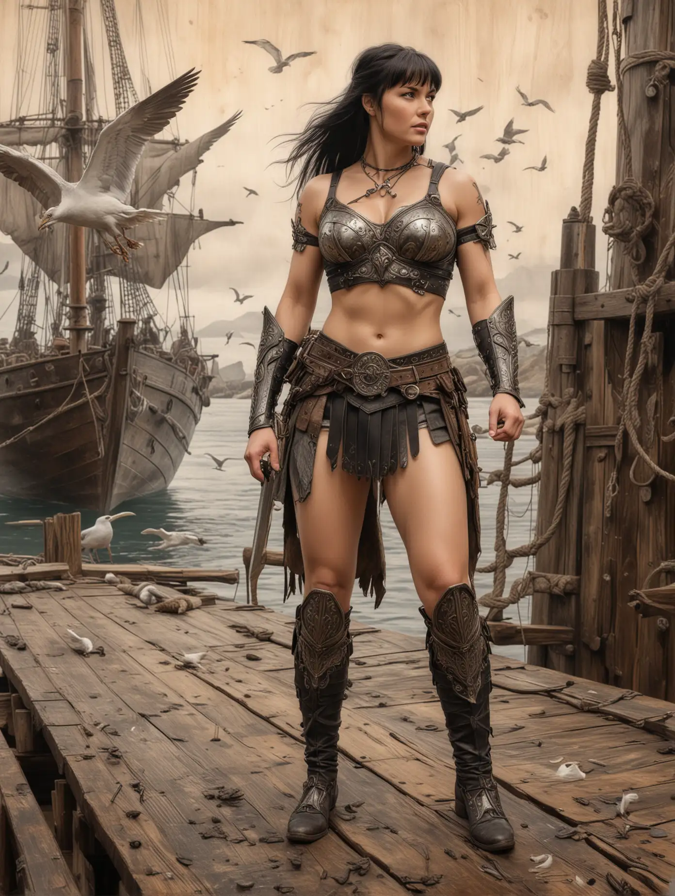 Dynamic-Action-Pose-of-XENA-the-Warrior-Princess-on-Old-Wooden-Ship-Deck-with-Flying-Seagulls