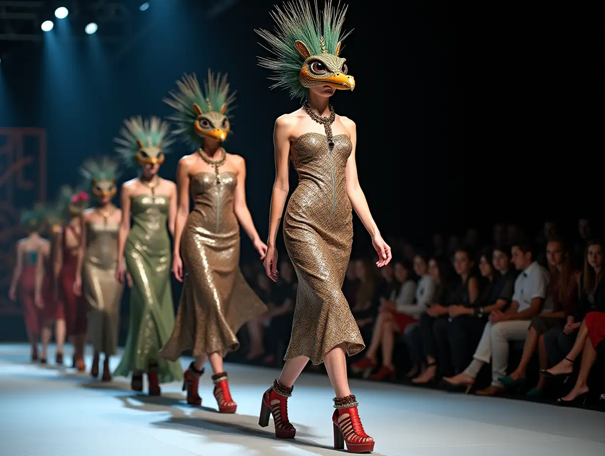 Ki-Fantasy, a mix of man-, snake and peacock head design with beautiful shoes at a fashion show