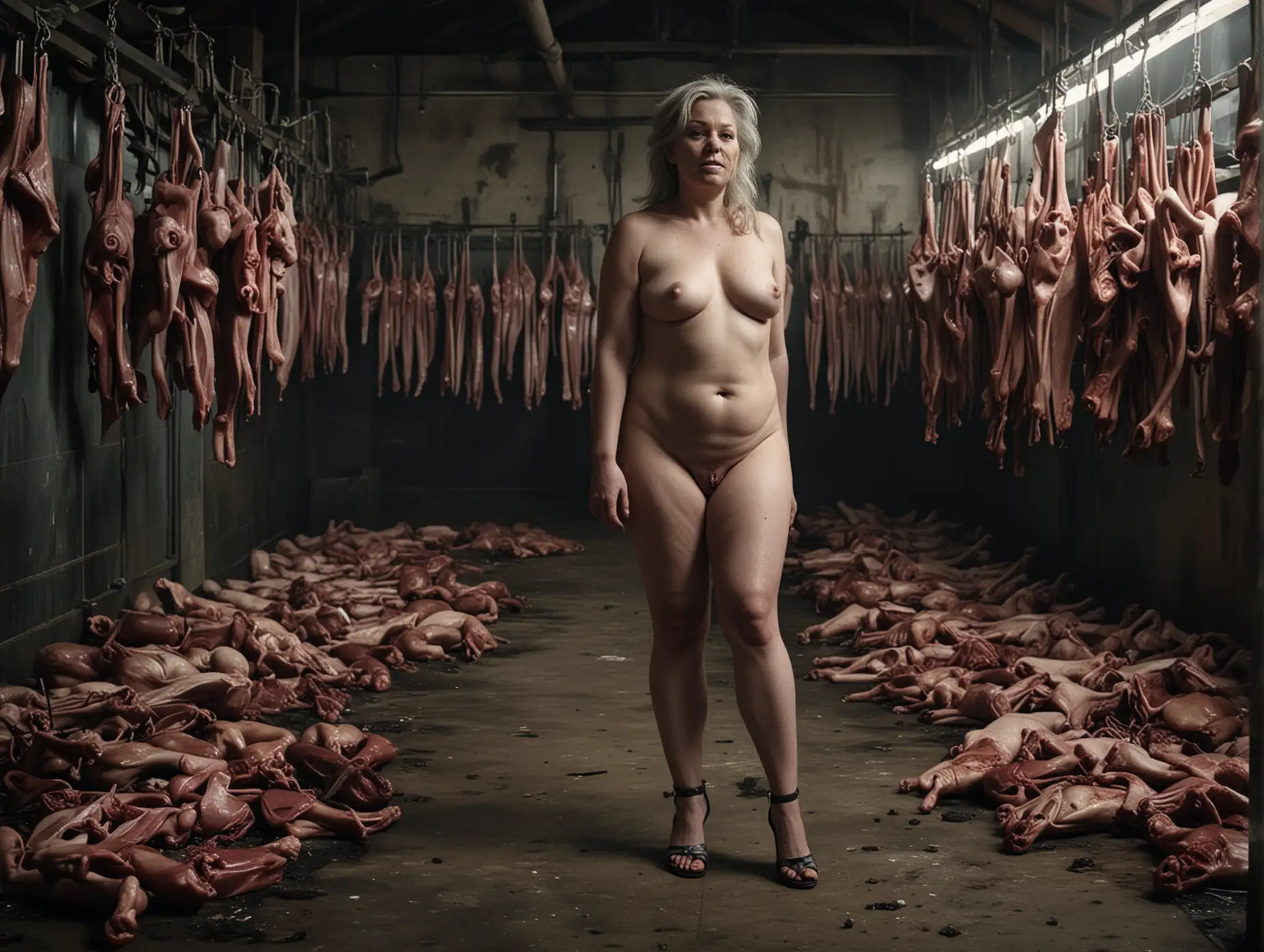 Seductive-Mature-Woman-Posing-in-a-Slaughterhouse-Surrounded-by-Carcasses