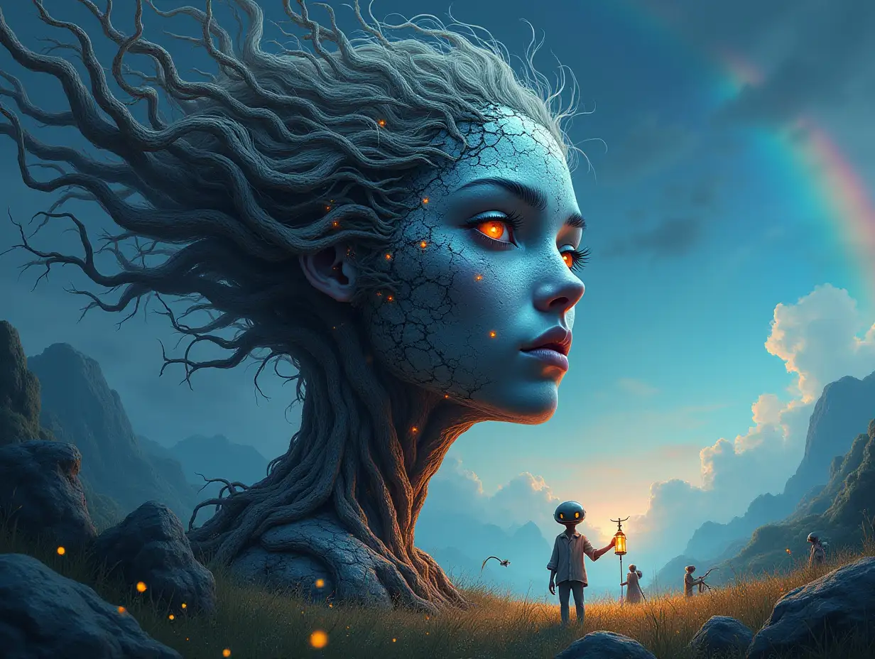 Creating a digital painting face with hair turning into building with silver stone and Illuminated trees with roots and rocks and lantern and alien creatures on a meadow Rainbow blue sky