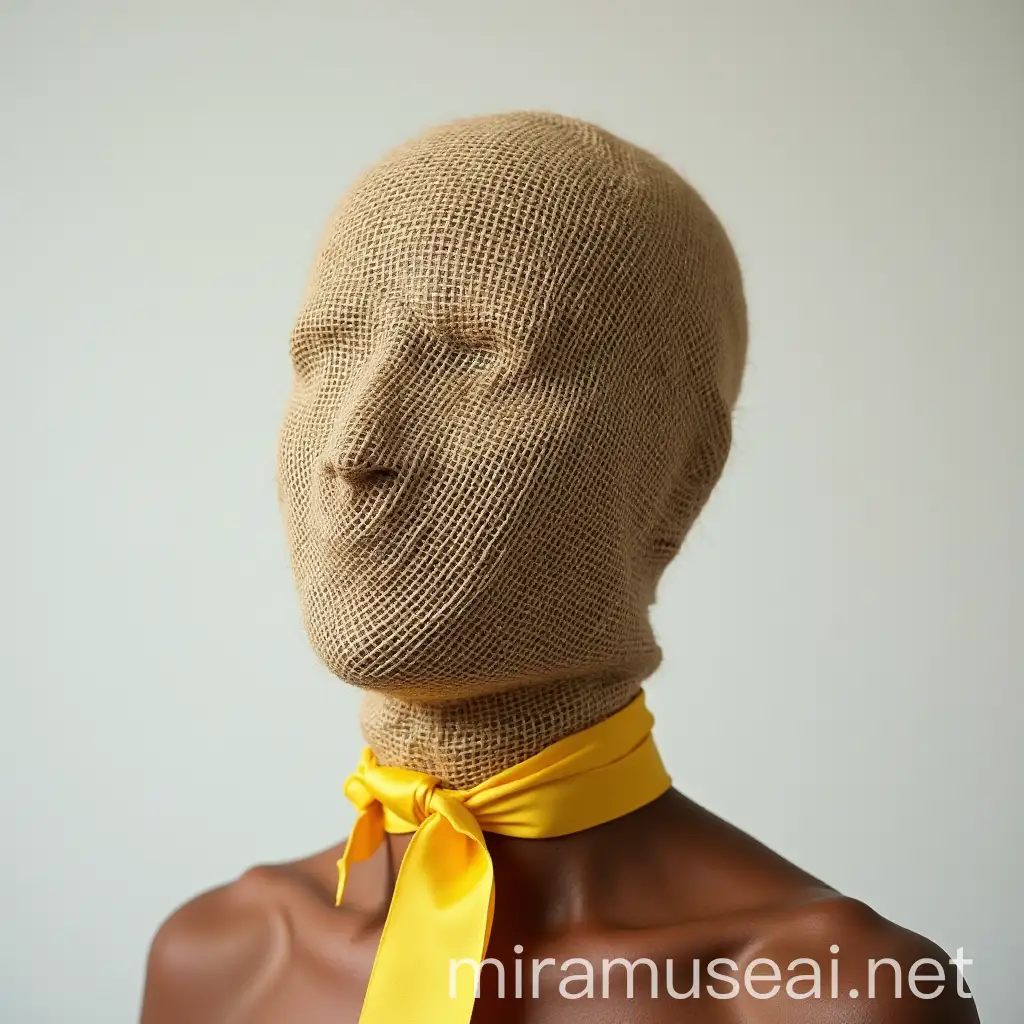 Person Wearing Jute Sack with Yellow Ribbon