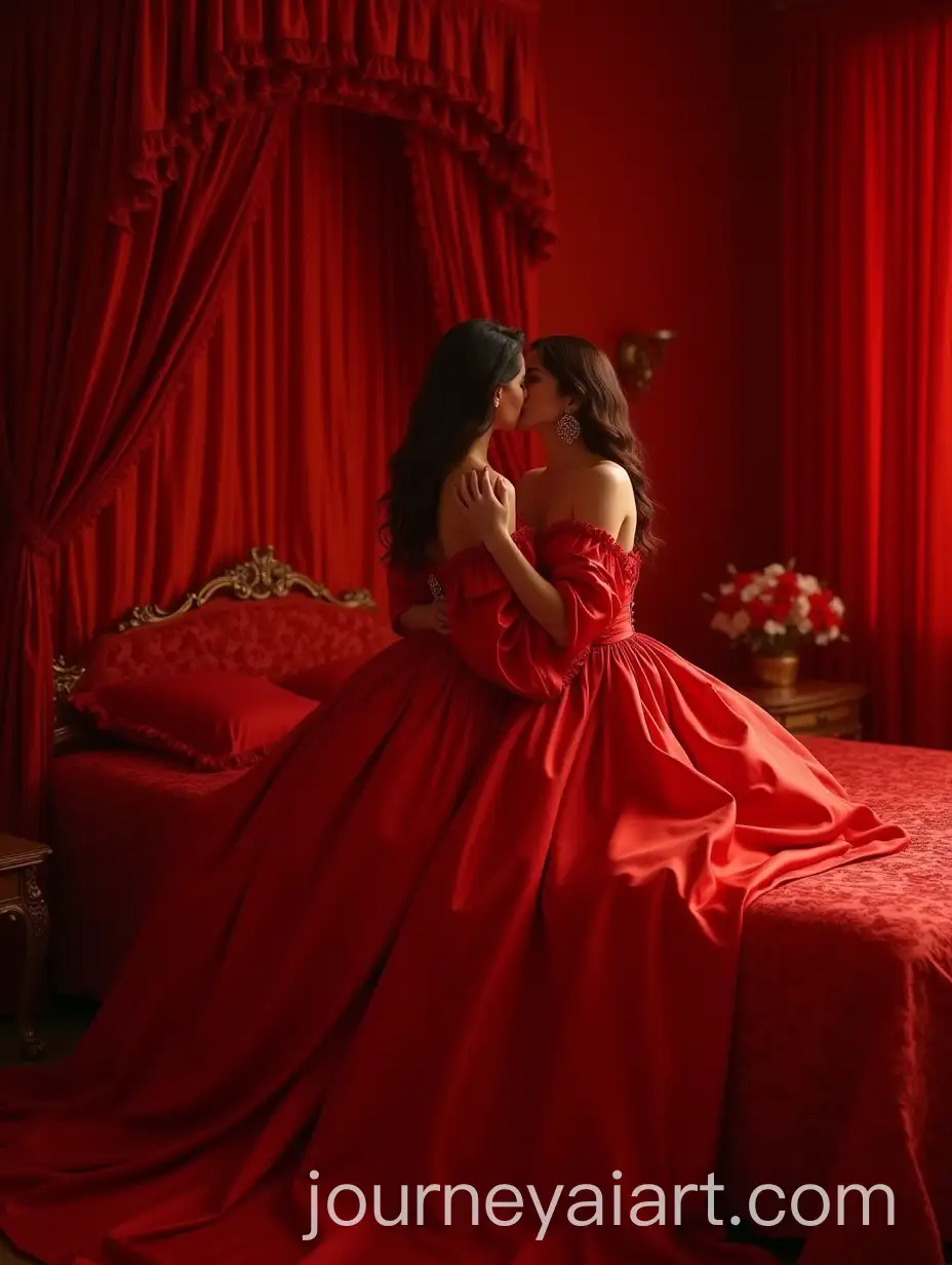 Luxurious-Red-Satin-Dresses-Romantic-Kiss-in-a-Palace-Bedroom