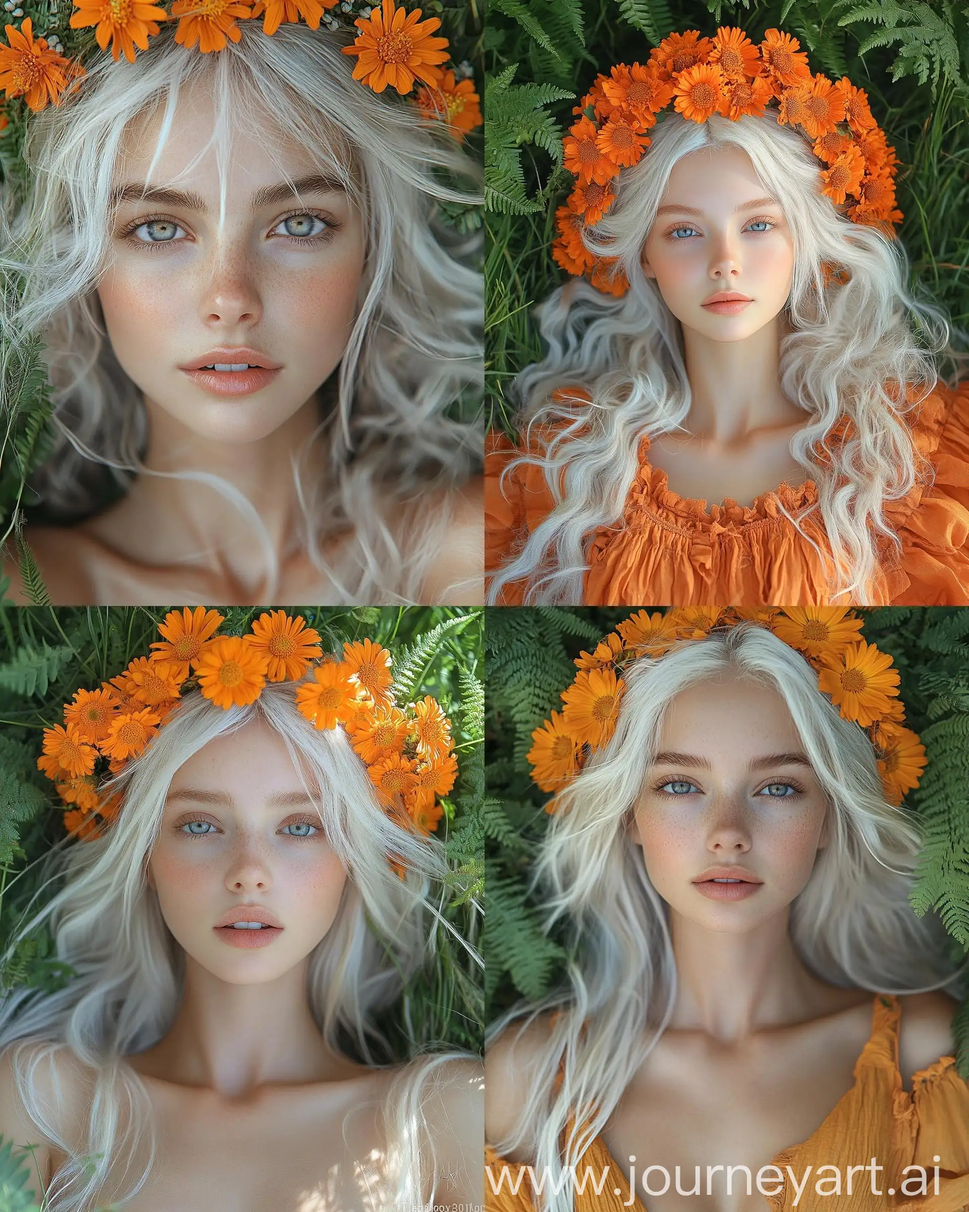 Beautiful-Girl-with-White-Hair-and-Orange-Flower-Wreath-in-Green-Grass