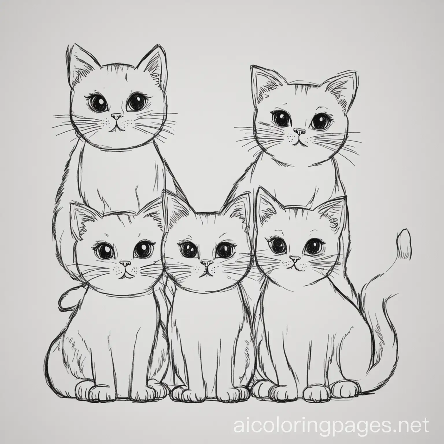cats, Coloring Page, black and white, line art, white background, Simplicity, Ample White Space. The background of the coloring page is plain white to make it easy for young children to color within the lines. The outlines of all the subjects are easy to distinguish, making it simple for kids to color without too much difficulty