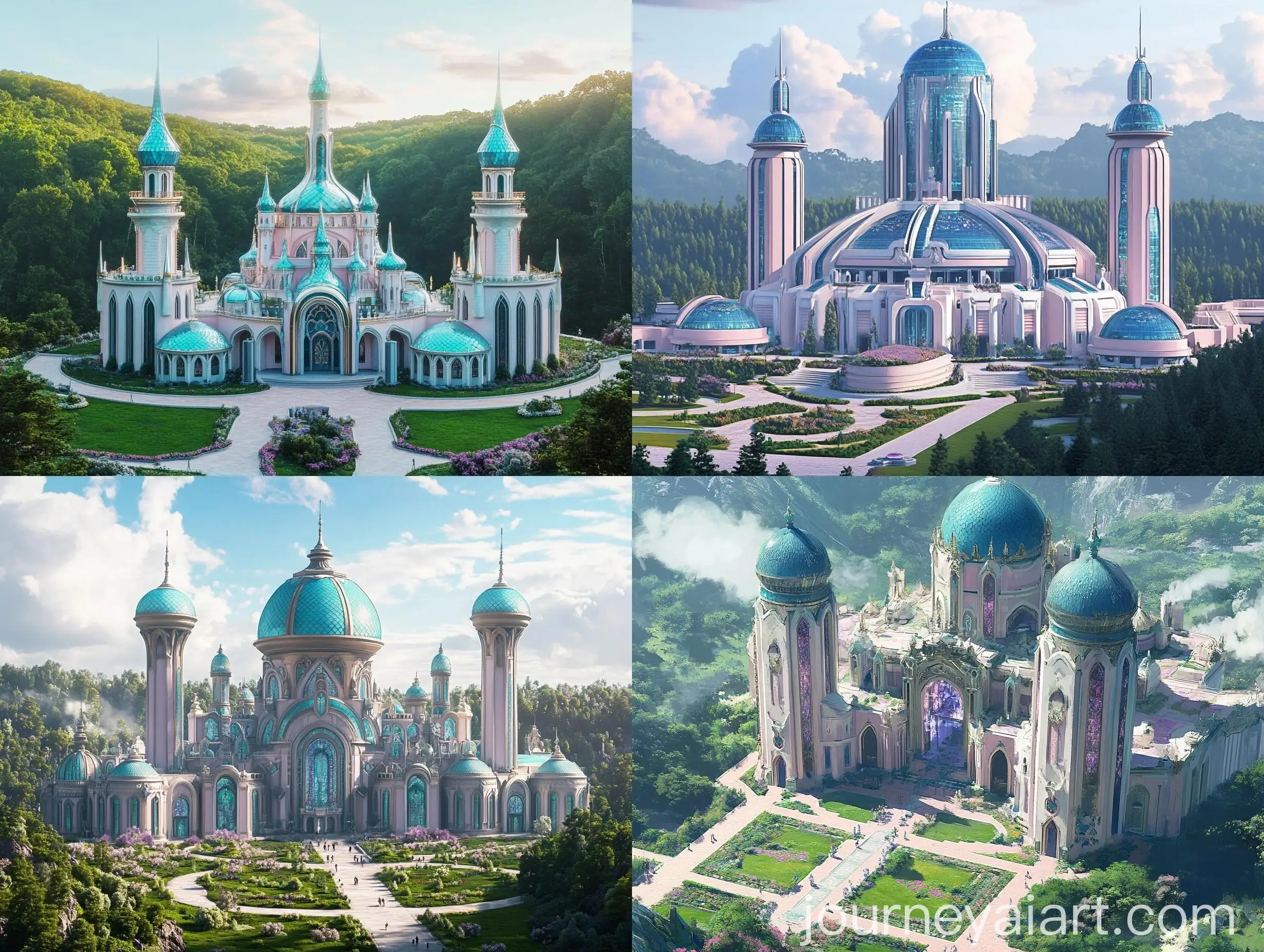 Fantasy-Architecture-with-Towers-and-Blue-Roofs-in-Pastel-Shades