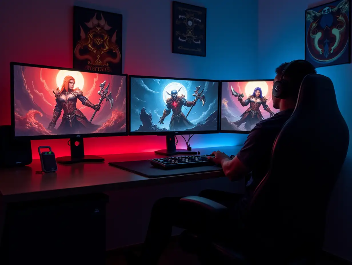 Gaming room with three monitors next to each other with pictures of Demon Slayer